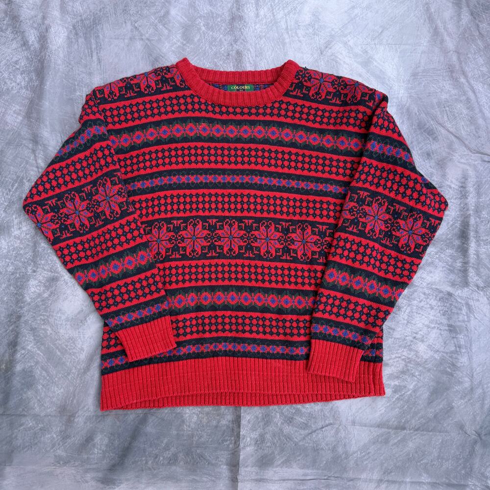 Vintage 90's Colours Alexander Julian Red Green Knit Crewneck Pullover Sweater M